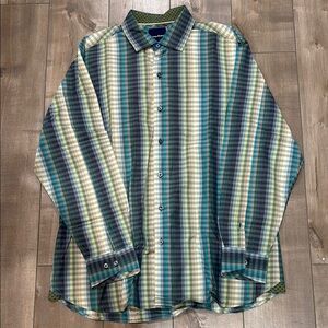 Tommy Bahama Men's Plaid Shirt in Blue and Green. Size Medium